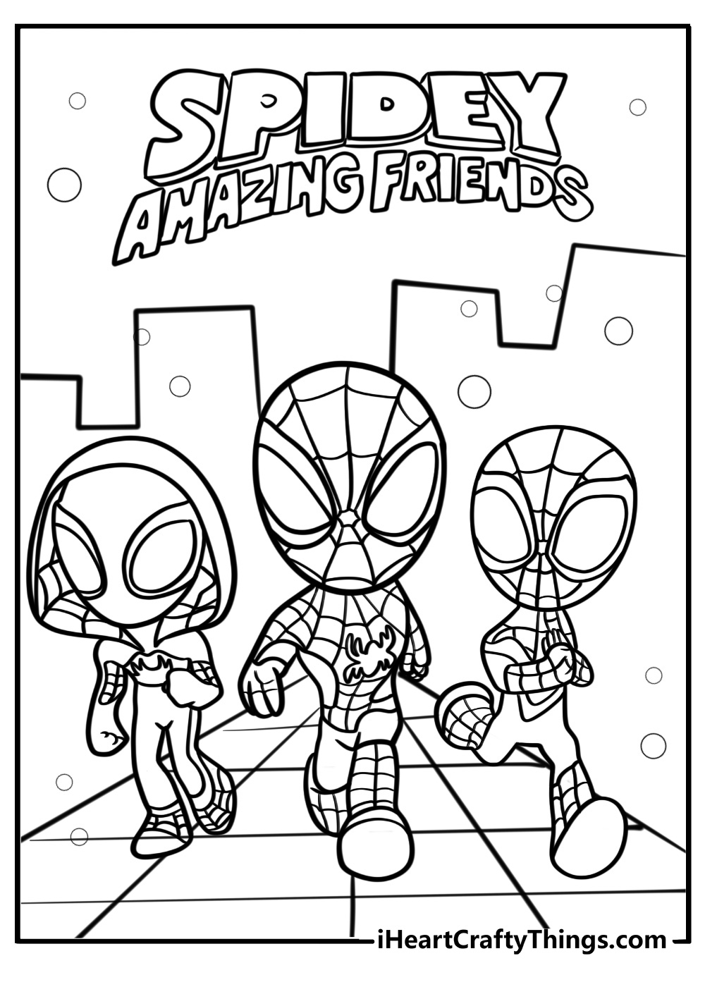 Spidey and his team running to save the city detailed sheet