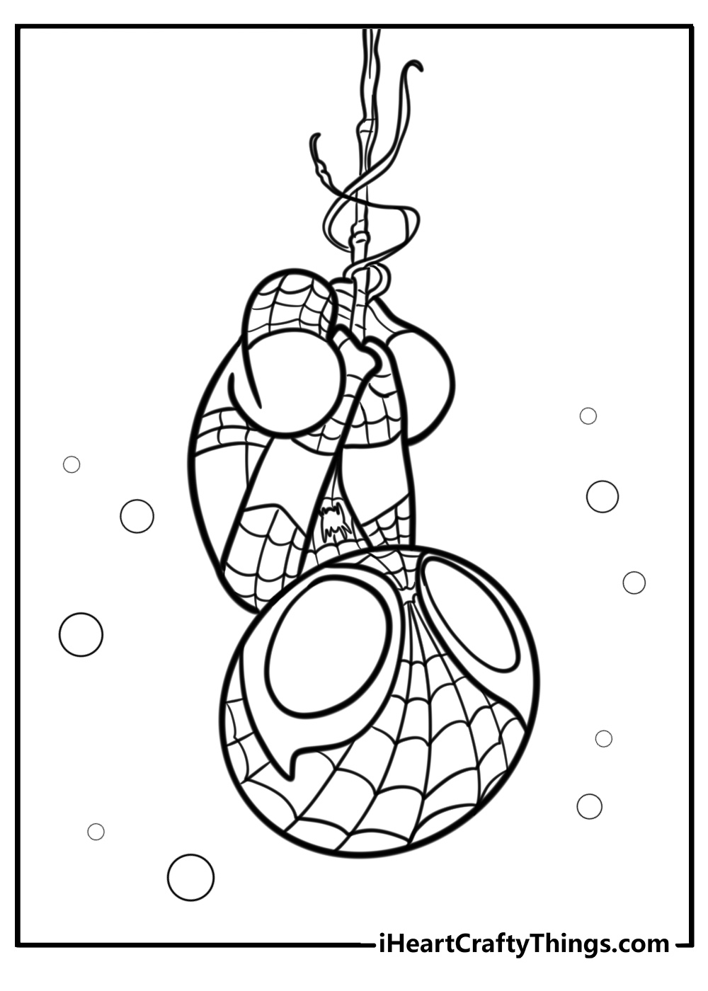 Spidey hanging upside down from his web detailed coloring sheet