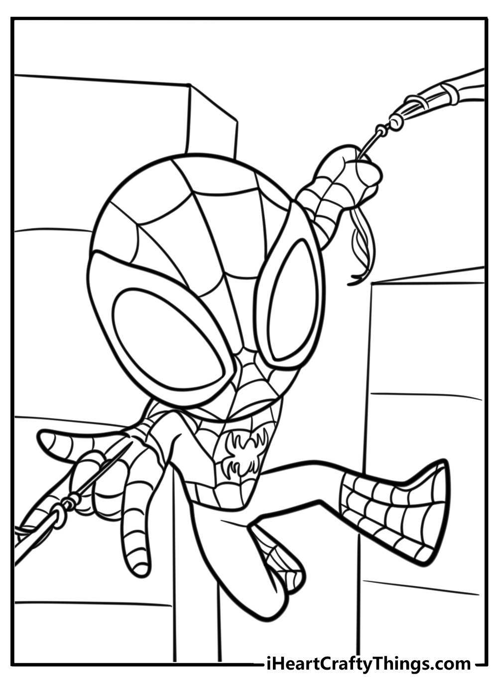 Spidey swinging through the city coloring page for kids