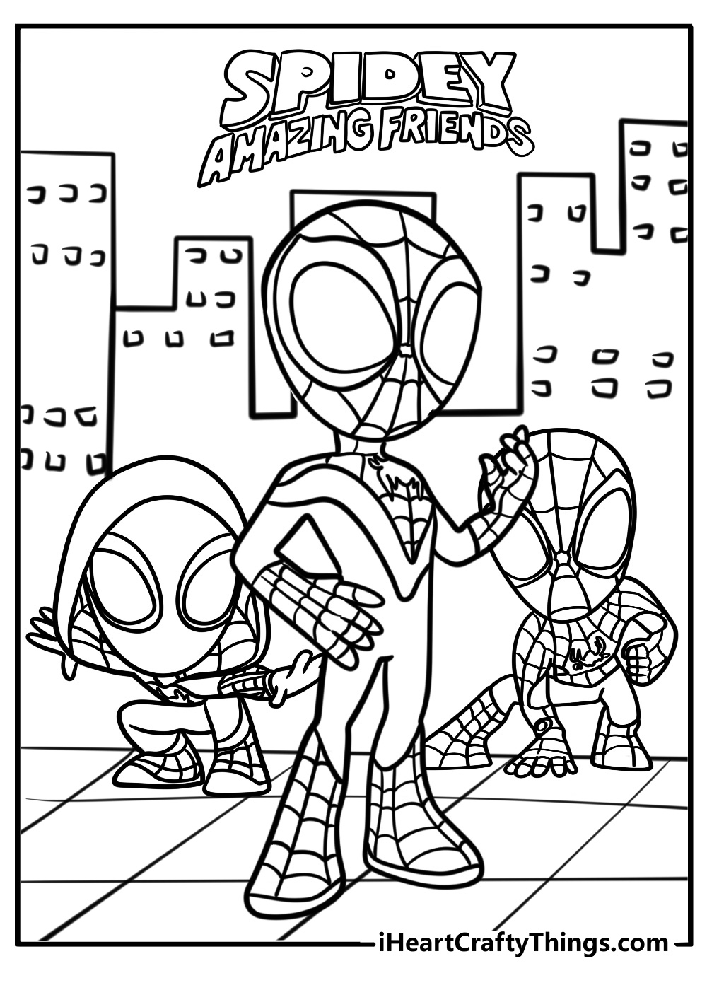 Spidey with his superhero friends printable coloring sheet