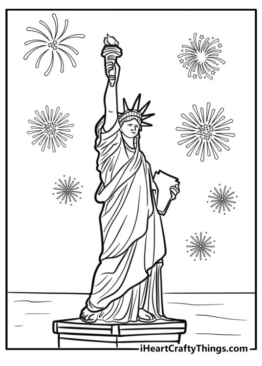 Statue of Liberty with fireworks detailed coloring sheet