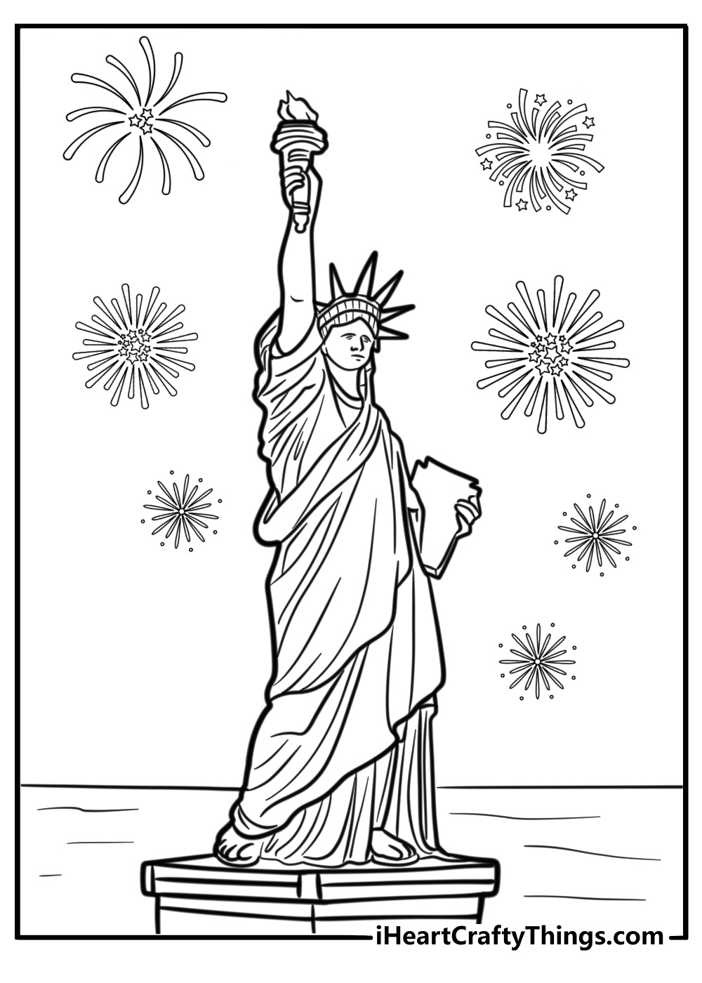 Statue of Liberty with fireworks detailed coloring sheet