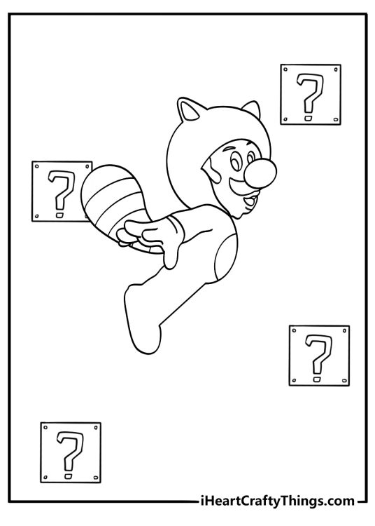 tanooki luigi flying over brick blocks printable coloring sheet