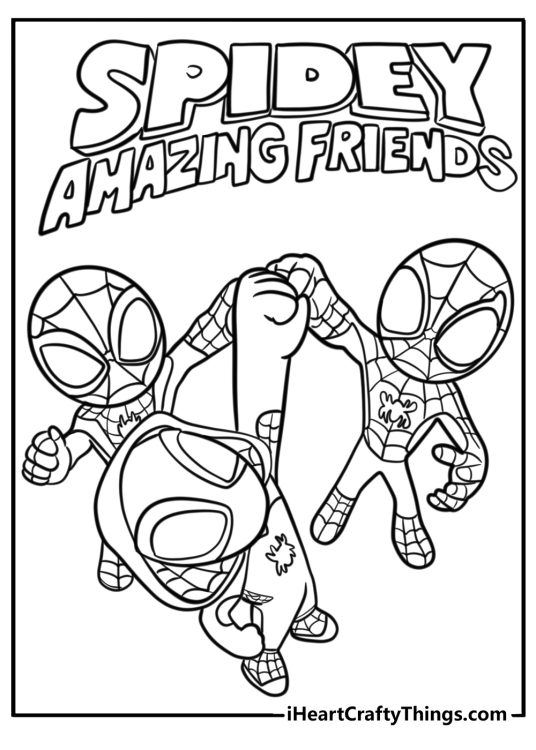 Team spidey working together to stop a villain free coloring page