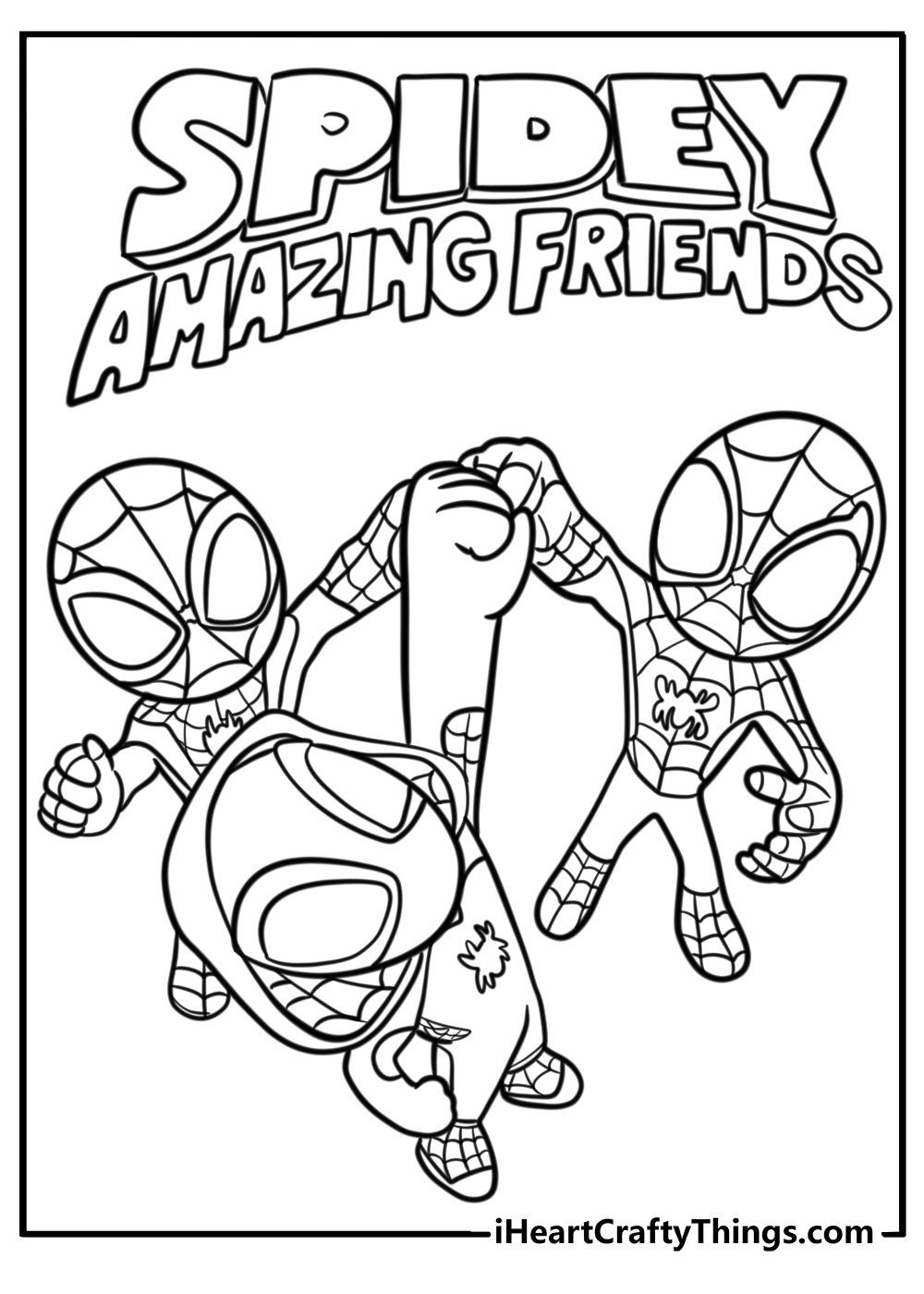 Team spidey working together to stop a villain free coloring page