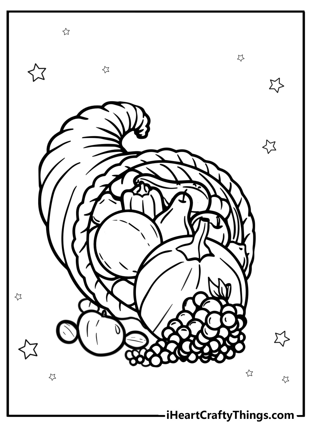 Thanksgiving cornucopia full of food detailed coloring sheet