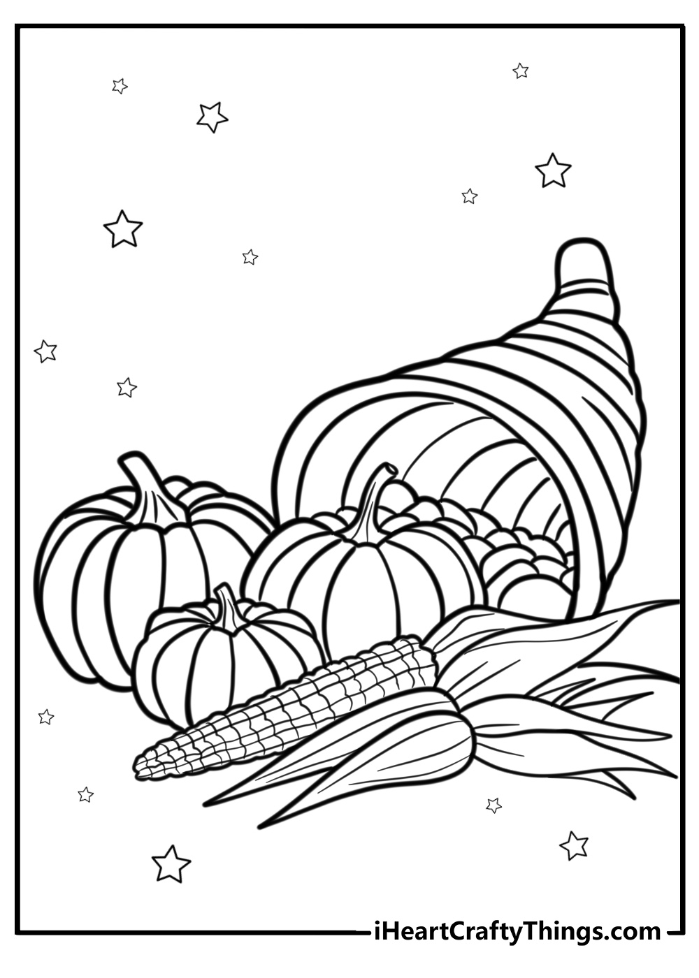 Thanksgiving cornucopia with pumpkins detailed coloring sheet