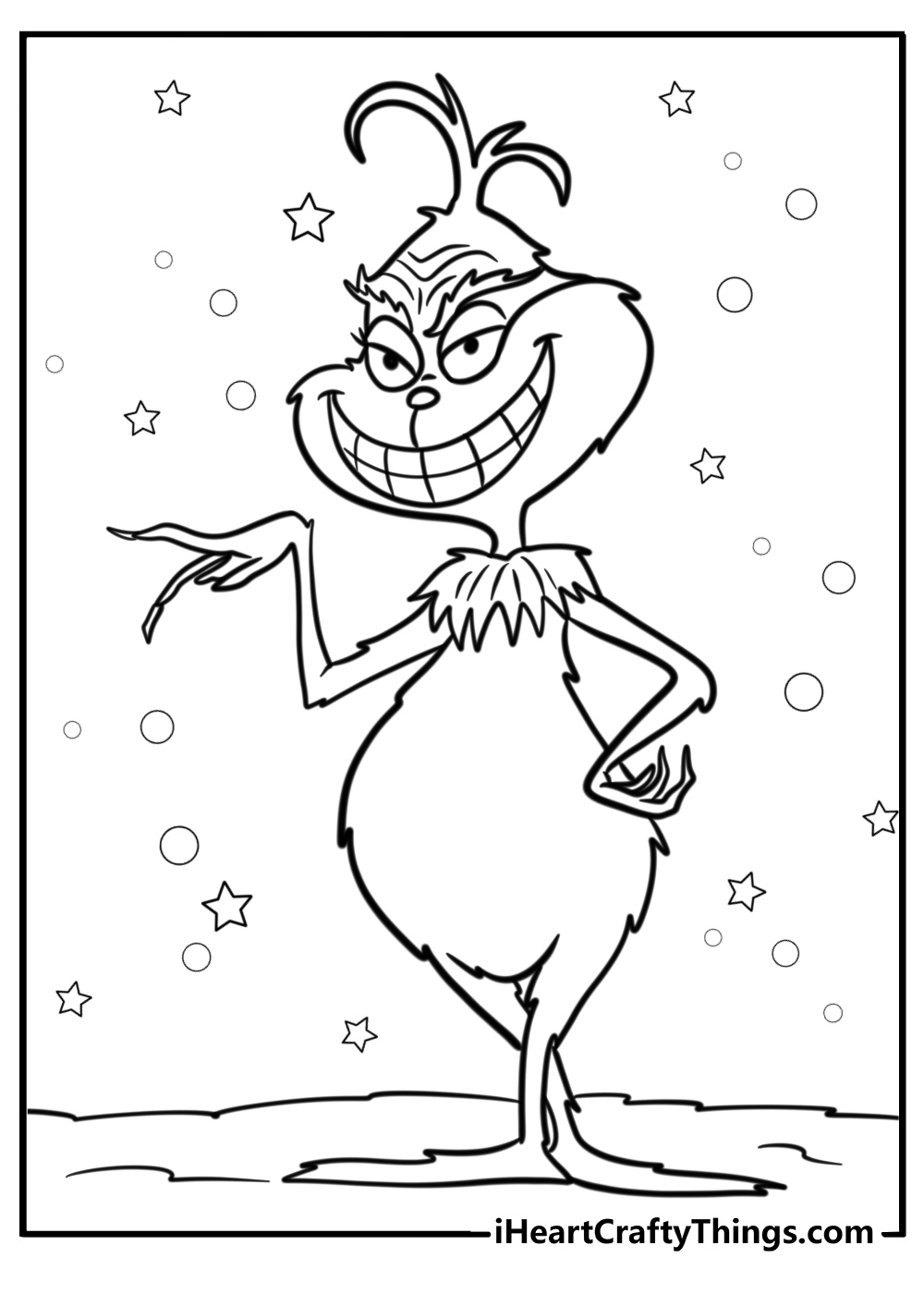 The grinch showing his mischievous grin detailed seuss coloring page for kids