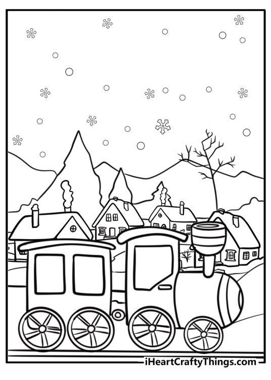 The polar express riding through a snowy village fun coloring sheet