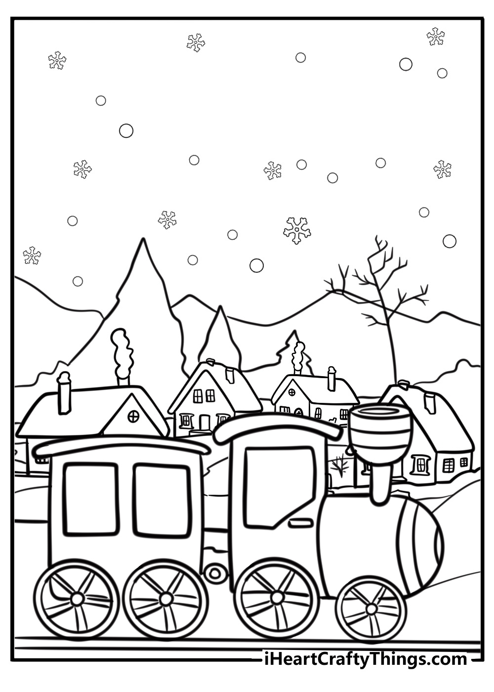 The polar express riding through a snowy village fun coloring sheet