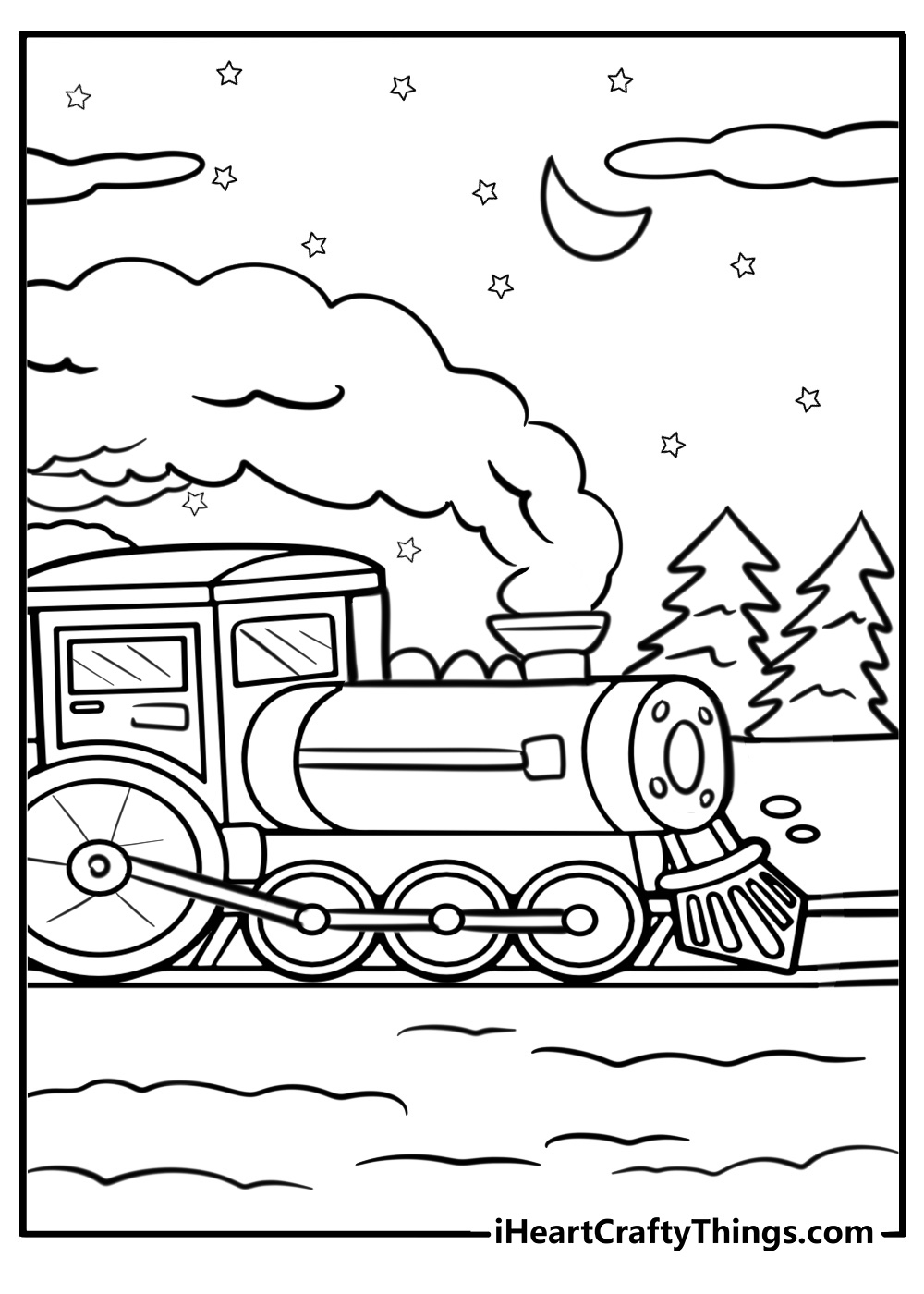 The polar express train under a starry sky free printable coloring page