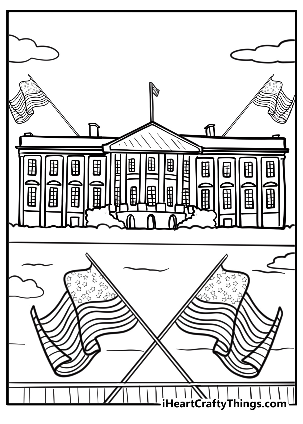 The white house surrounded by american flags coloring page