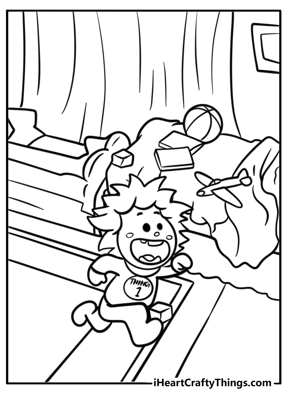 Thing 1 dashing across a messy room free printable seuss coloring sheet