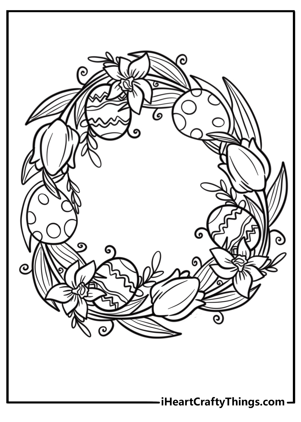 Traditional easter wreath with eggs and flowers coloring sheet