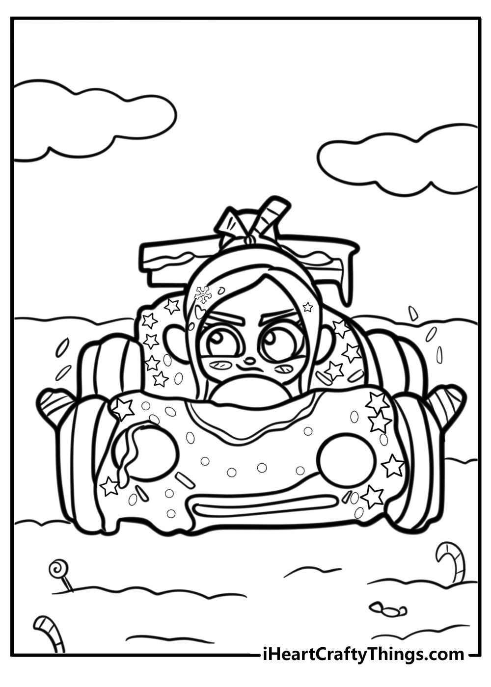 Vanellope driving her candy kart detailed coloring sheet