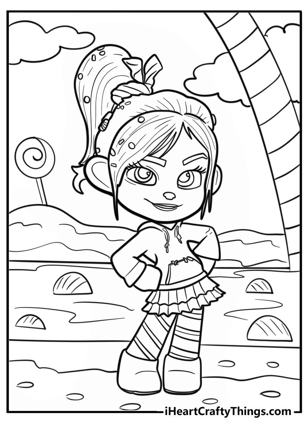 Vanellope smiling with candy decorations detailed coloring sheet