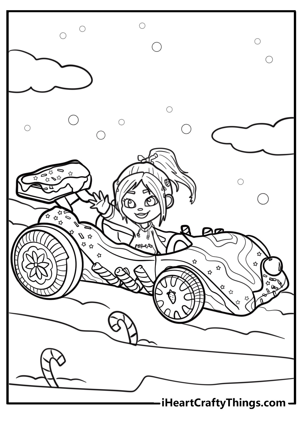 Vanellope waving from her kart printable coloring page