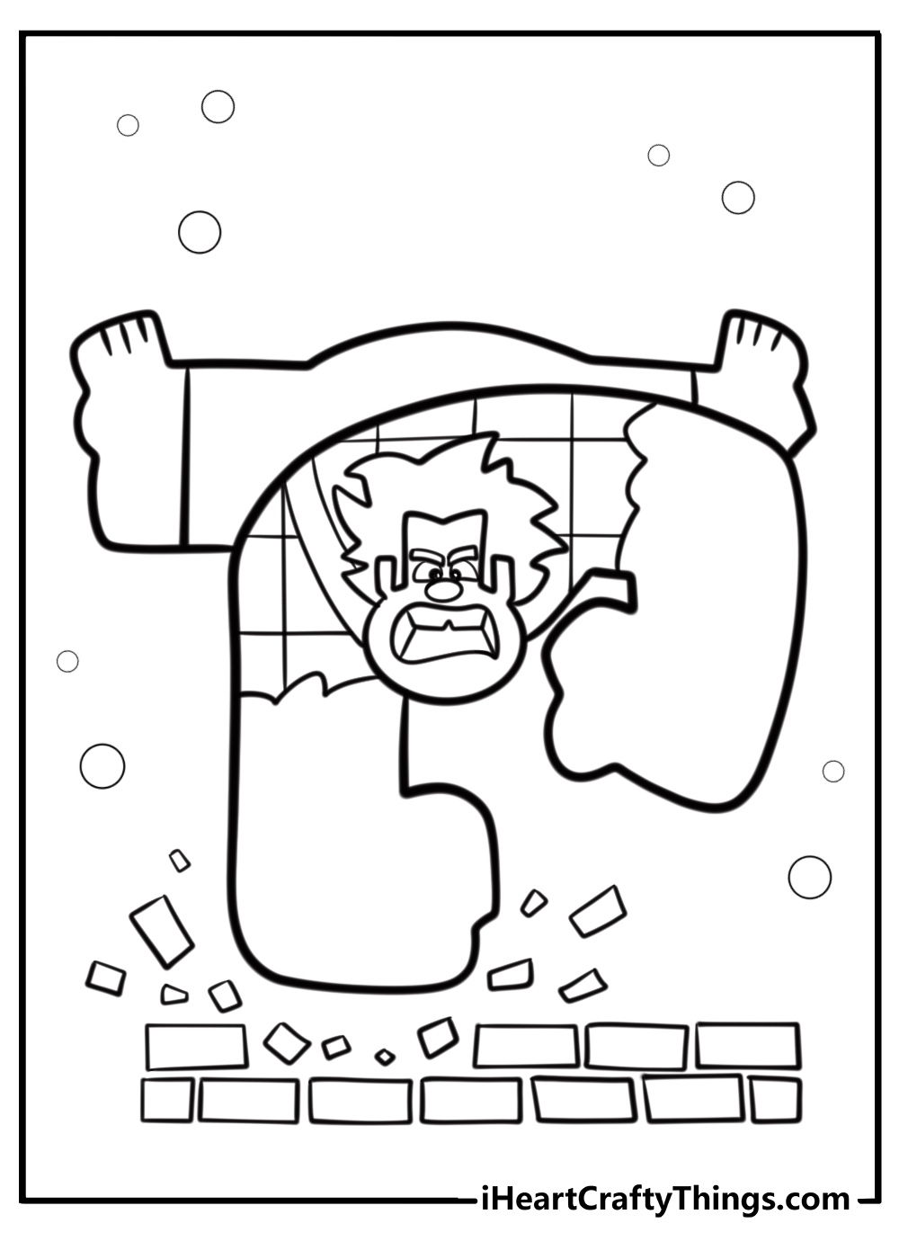 Wreck it ralph smashing a brick wall coloring page for kids