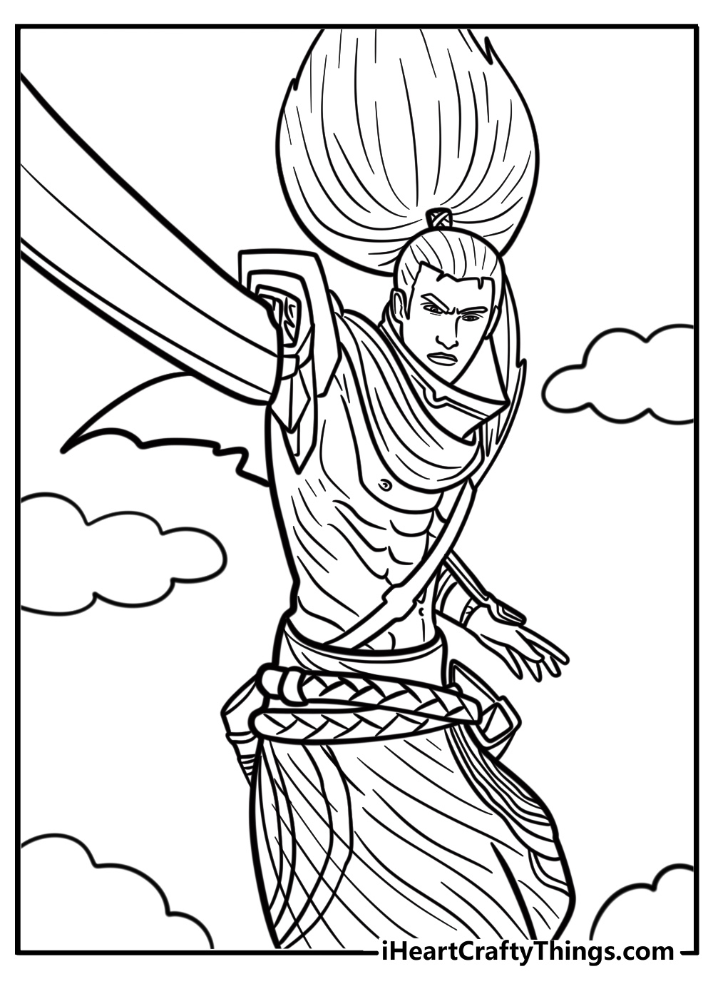 Yasuo performing a sword stance in a printable lol coloring pdf