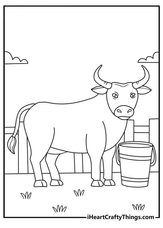A bull stands near a feeding bucket in this easy farm coloring sheet