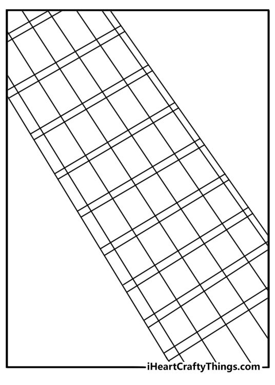A close view of guitar frets and strings fills this detailed printable