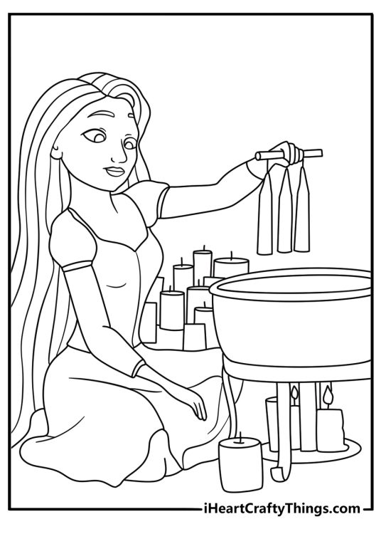 A detailed Tangled printable features Rapunzel making candles inside the tower