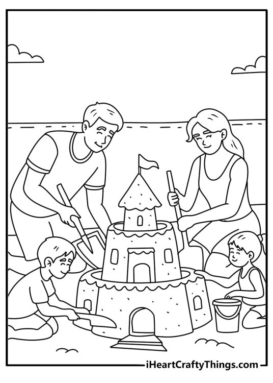 A family builds a sandcastle together in this summer coloring page
