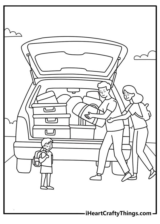 A family packs suitcases together before a road trip in this printable