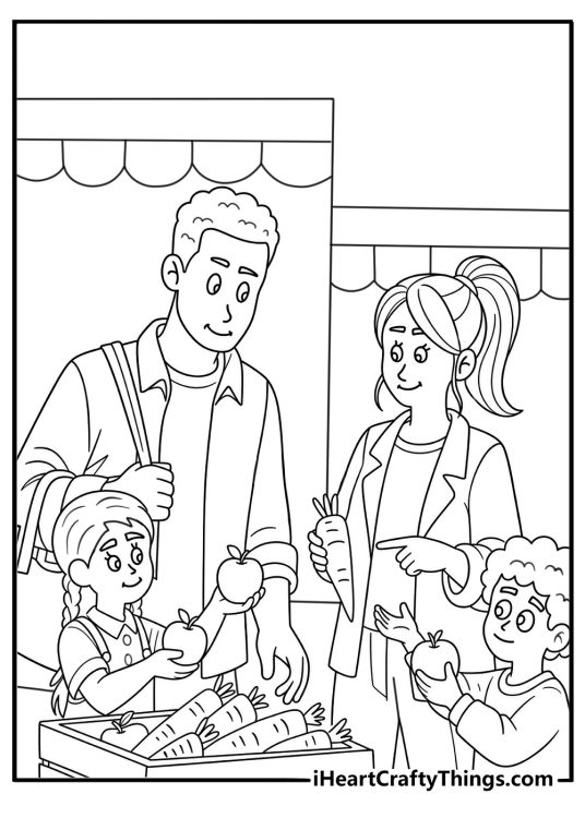 A family visits a farmers market with baskets of fresh food