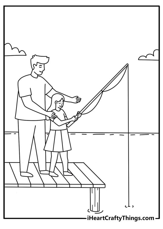 A father teaches his daughter to fish from a wooden dock in this printable