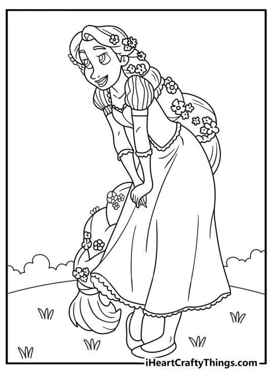 A flower braid fills Rapunzel hair in this easy princess coloring sheet