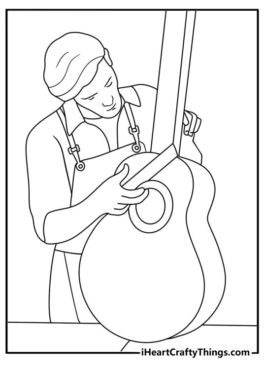 A guitar maker shapes a wooden body in this workshop coloring page