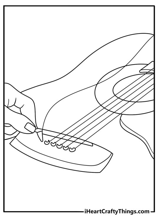 A guitarist changes a broken string in this practical coloring sheet