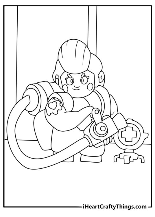 A healing station stands beside Pam in this character coloring sheet