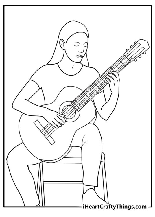 A left handed guitarist practices beside a music stool in this coloring sheet