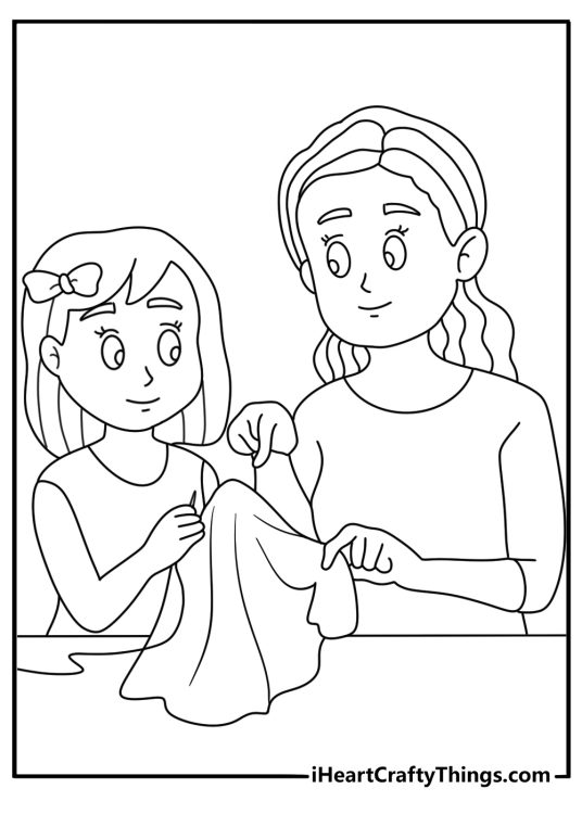 A mother teaches her daughter how to sew in this easy coloring sheet