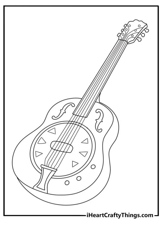 A resonator guitar with a round metal plate fills this detailed coloring page