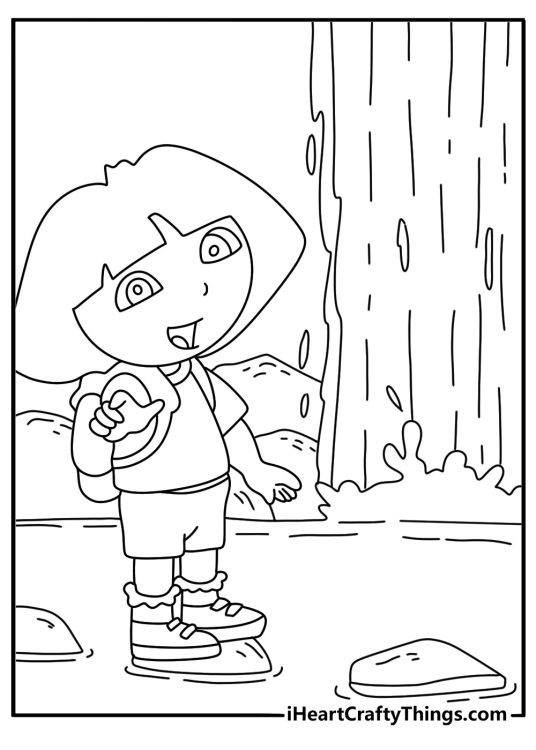 A row of stepping stones leads Dora toward a waterfall in this printable page