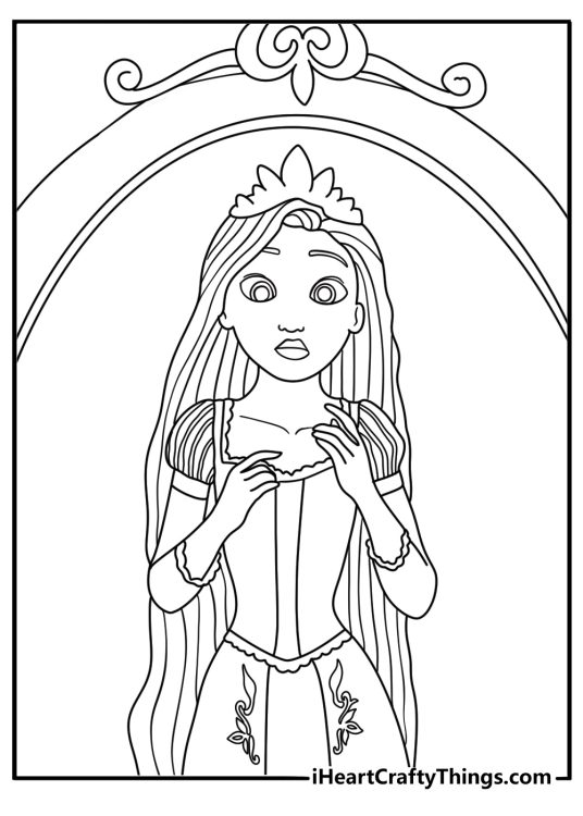 A royal crown sits on Rapunzel head in this princess coloring page
