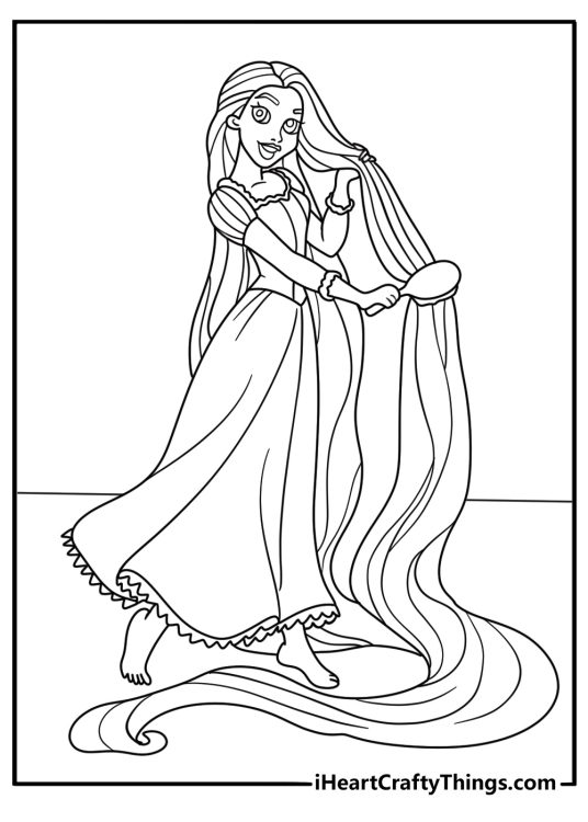 A simple Tangled coloring sheet shows Rapunzel brushing her long hair