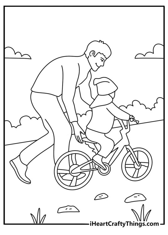 A simple coloring page shows a father helping his child ride a bicycle