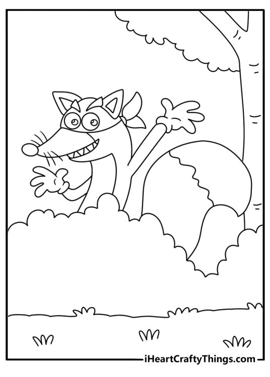 A simple coloring sheet shows Swiper hiding behind a bush