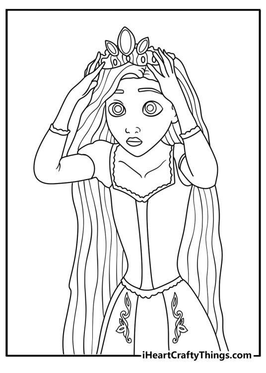 A small crown rests beside Rapunzel in this cute coloring printable