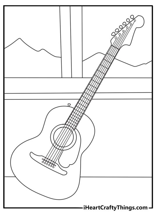 A small parlor guitar rests beside an open window in this easy coloring sheet