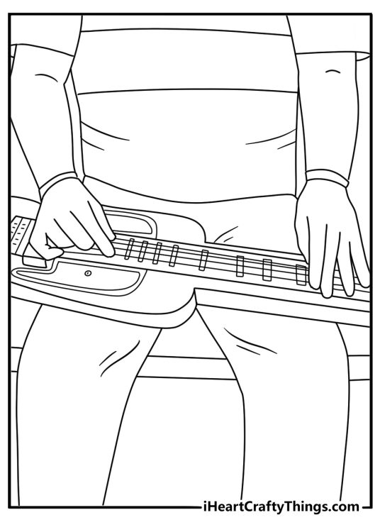 A steel guitar rests across a musicians lap in this detailed coloring sheet