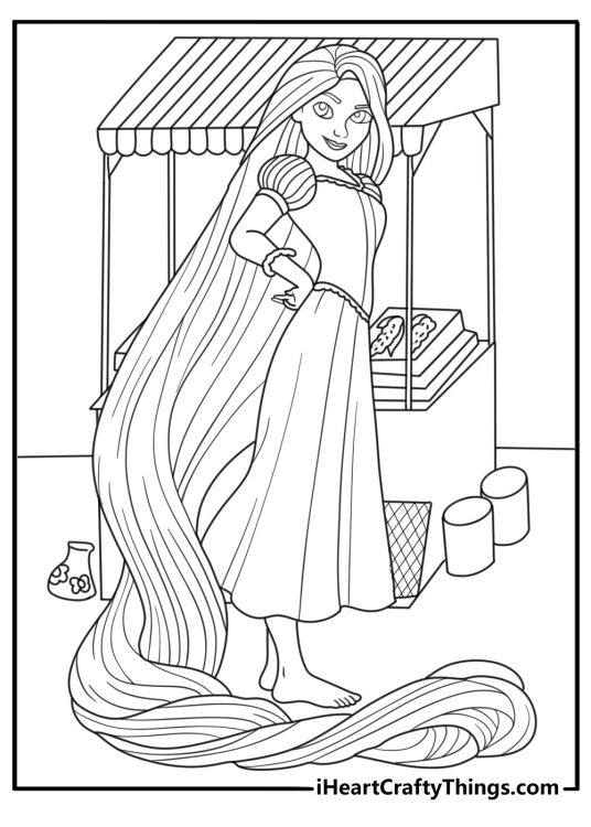 A village market surrounds Rapunzel in this detailed printable