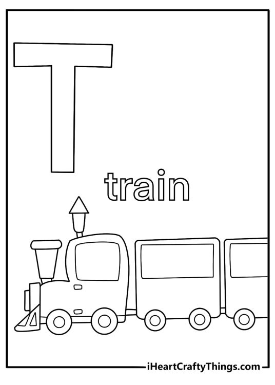 Alphabet letter T train for preschool simple coloring page