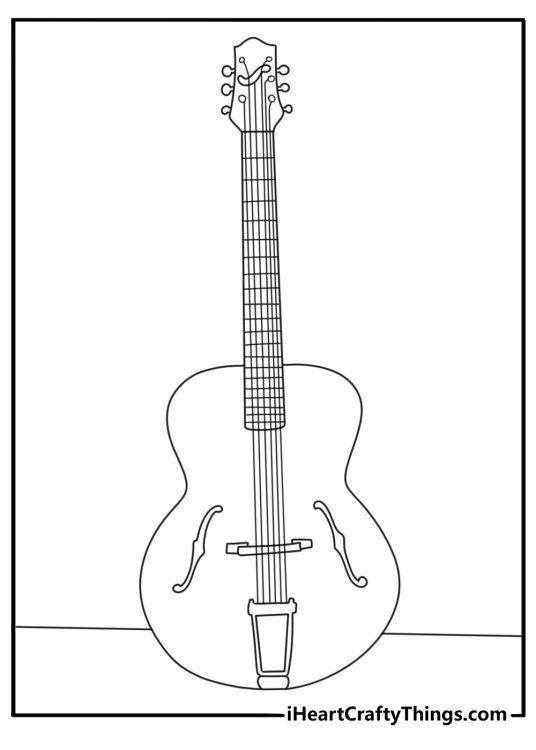 An archtop guitar with curved sound holes makes this detailed coloring sheet