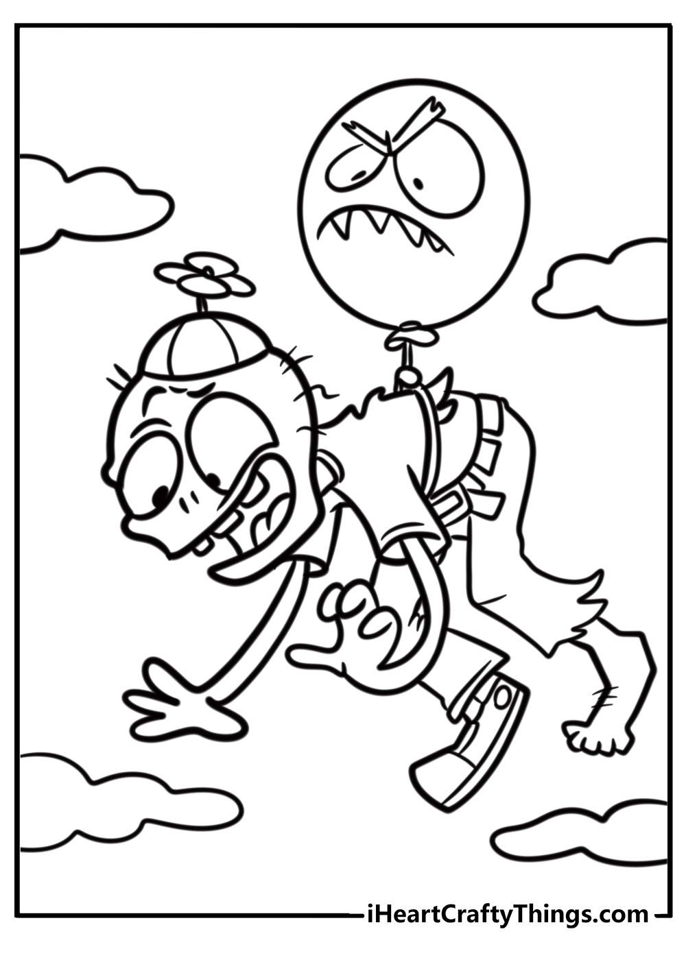 balloon zombie floating in the sky free coloring page