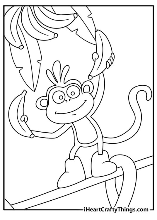 Boots looks for bananas beside a fruit tree in this simple coloring sheet